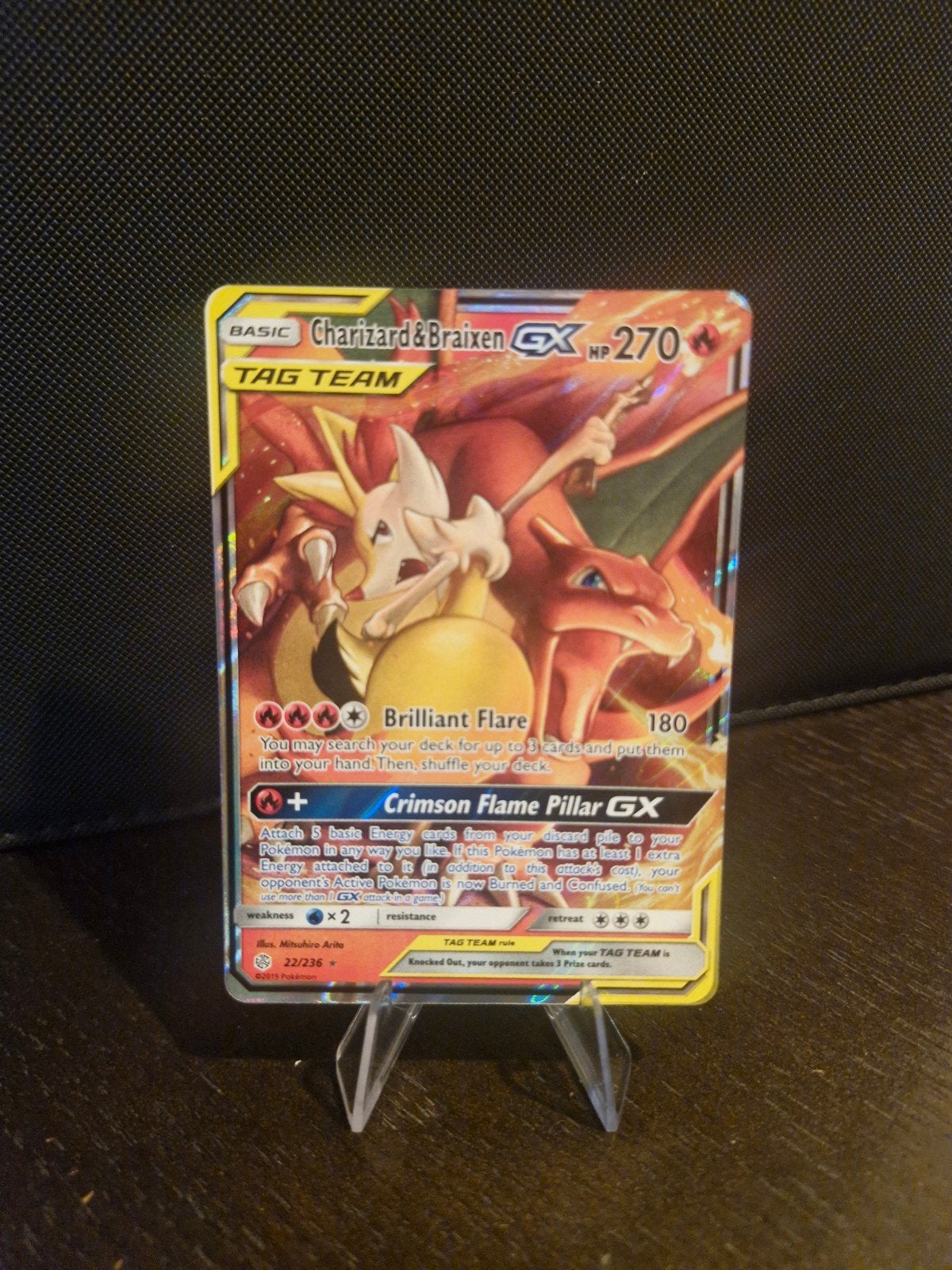 Charizard & Braixen GX 270 HP Pokémon Kaart, Ophalen of Verzenden, Zo goed als nieuw, Losse kaart, Foil
