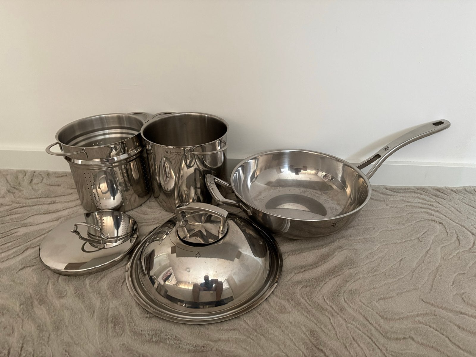 WMF Cromargan Pannenset met Wok en Stoominzet, Met deksel, Pannenset, Ophalen of Verzenden, Zo goed als nieuw