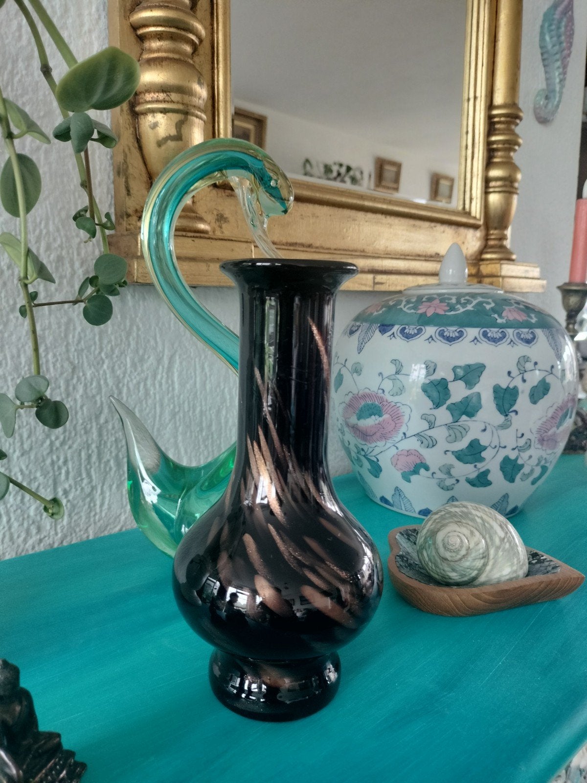 Vincenzo Nason Murano Aventurin Glazen Vaas Zwart Goud, Antiek en Kunst, Antiek | Vazen, Ophalen of Verzenden