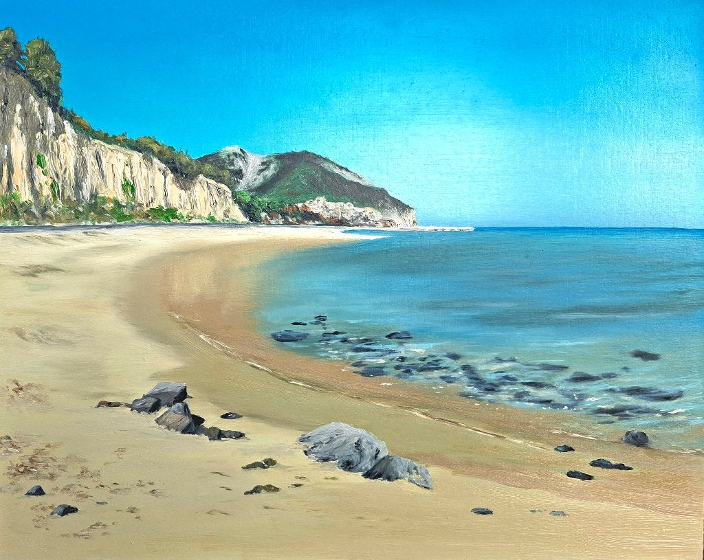 Zeegezicht olieverf 24x30cm Cala Gonone beach Sardegna, Ophalen of Verzenden