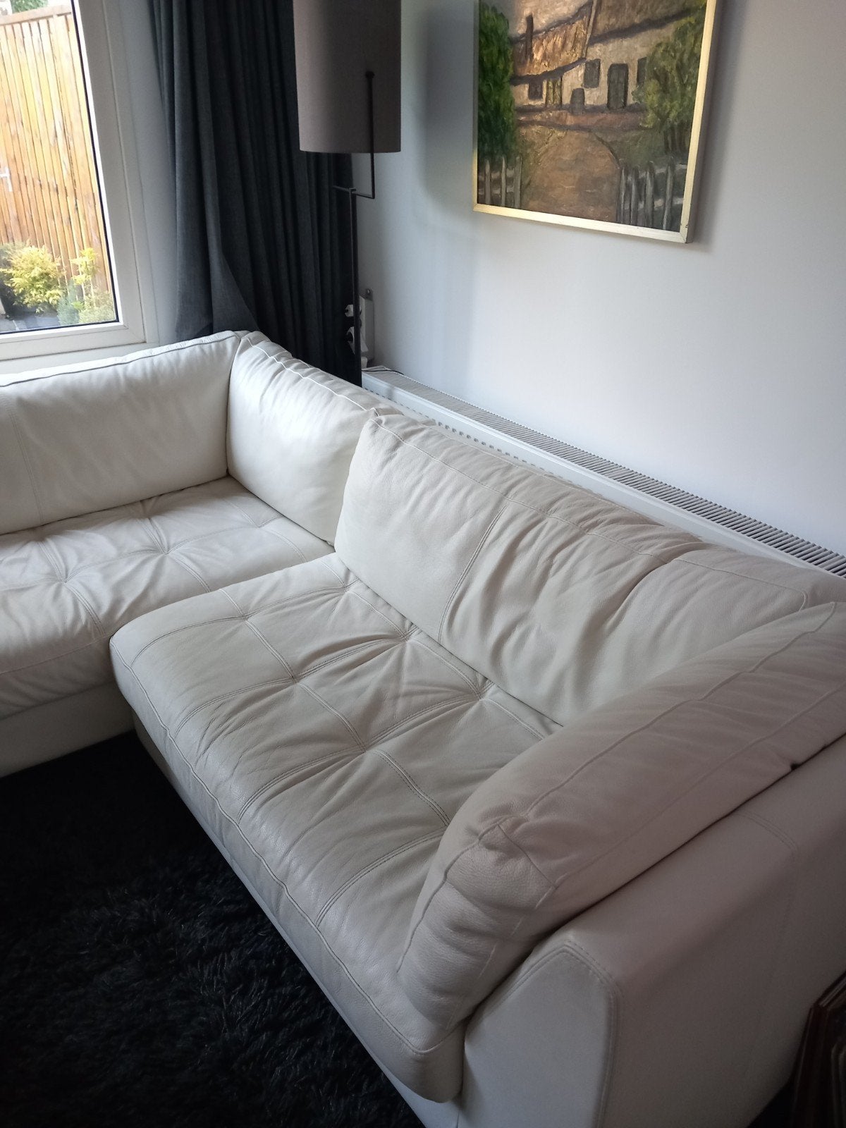 Hoekbank 290 x 230 met bijpassende leren poef, Ophalen, Gebruikt, Vierpersoons of meer, Leer