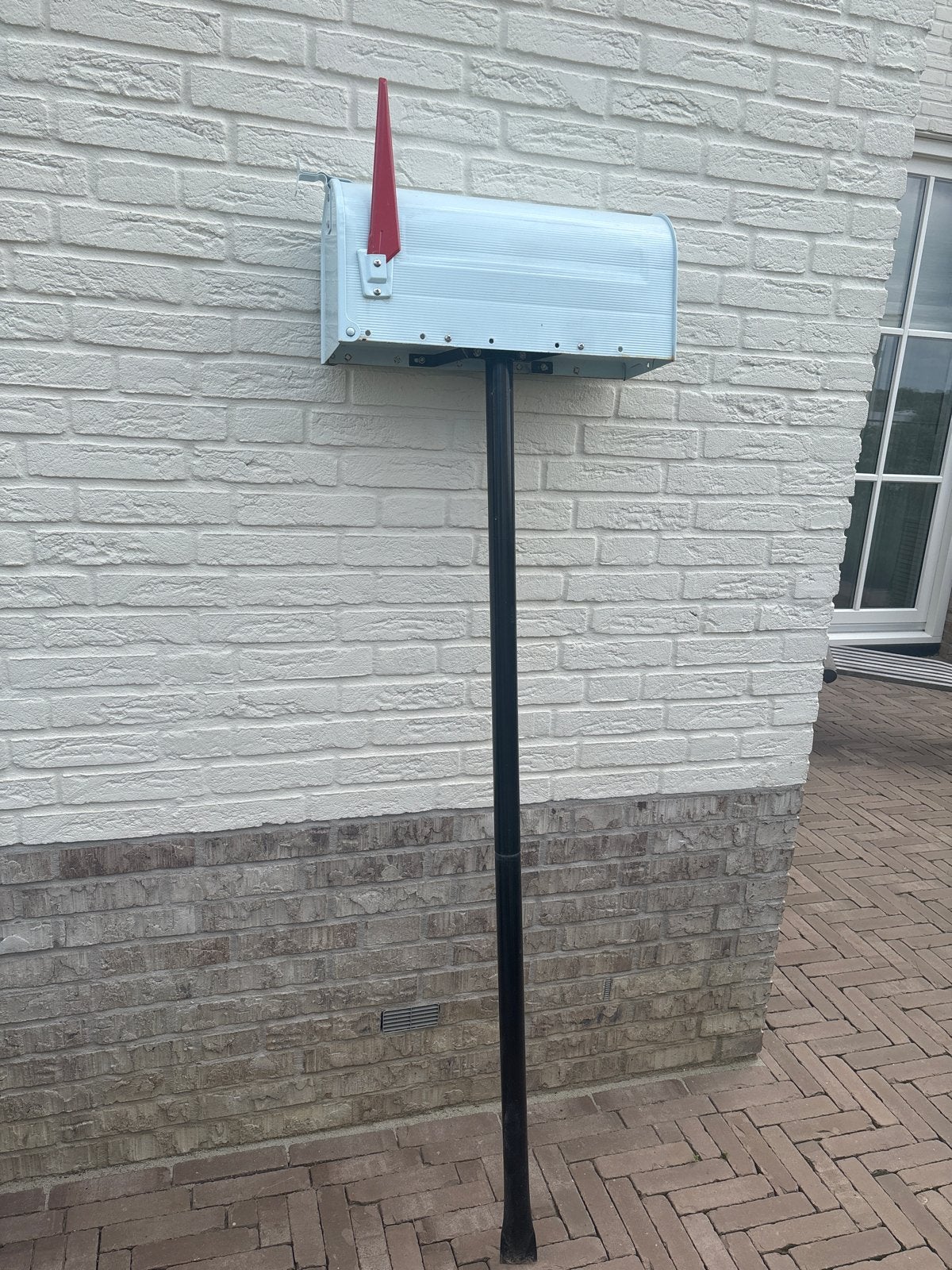 Amerikaanse brievenbus - Lichtblauw met rode vlag, Ophalen, Gebruikt, IJzer, Staande brievenbus