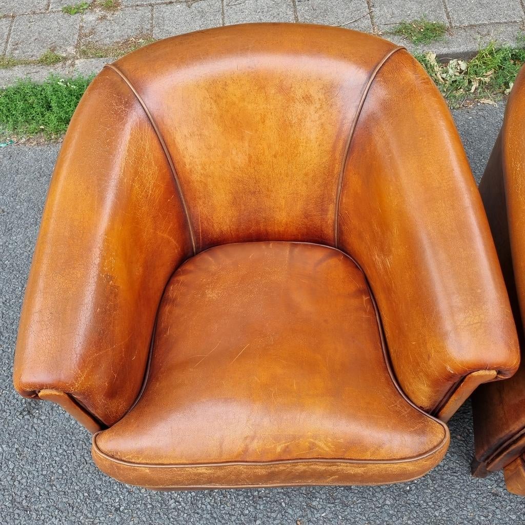2x schapenleren club fauteuil bruin leer + BEZORGING GRATIS, Gebruikt, ., Ophalen of Verzenden, .