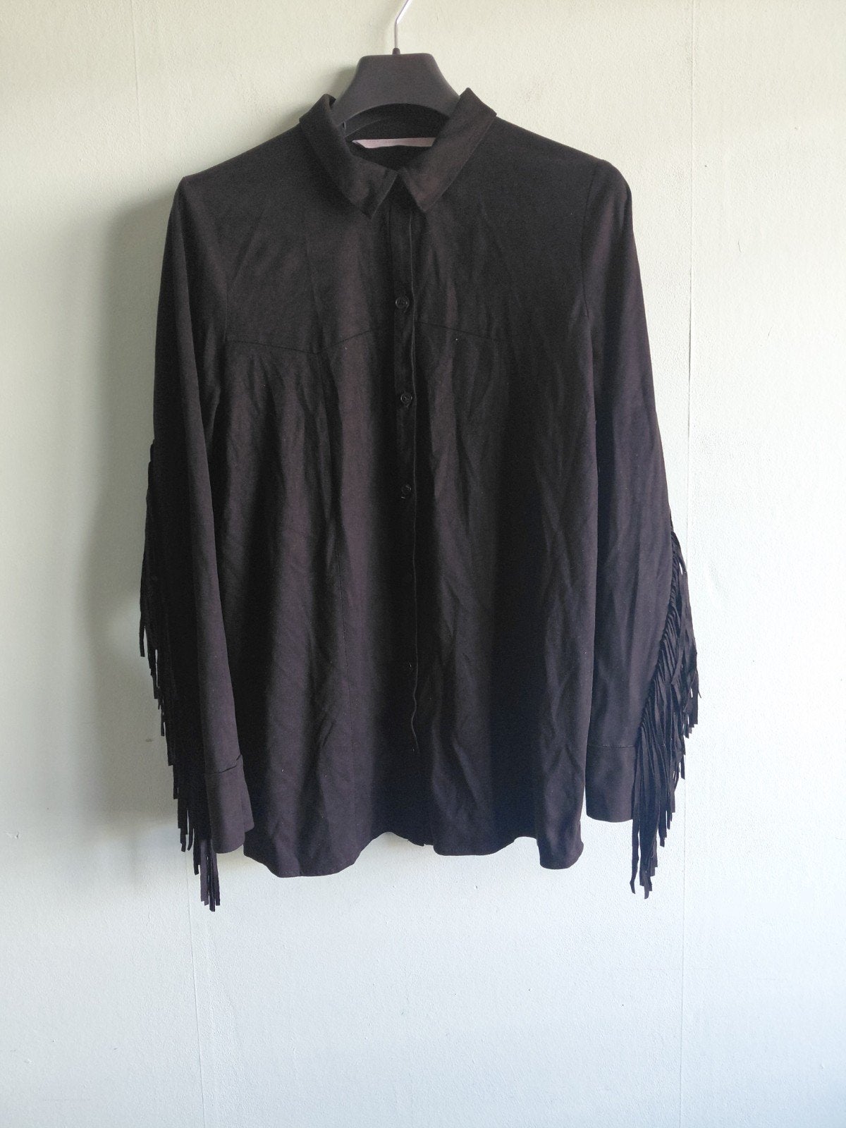 Zwarte blouse met franjes - Truva Collection, Maat 38/40 (M), Zwart, Ophalen of Verzenden, Zo goed als nieuw