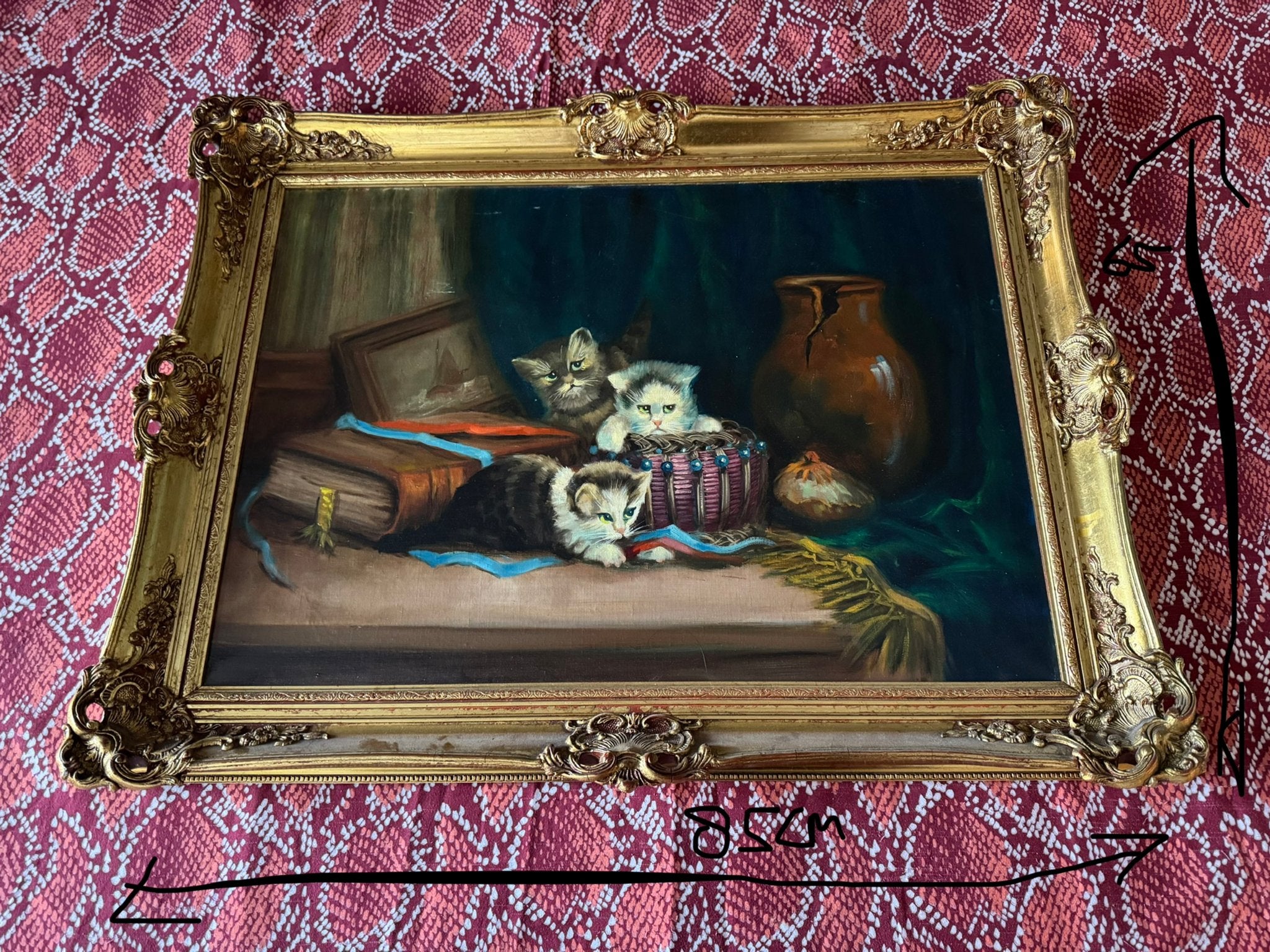 Klassiek olieverfschilderij met kittens en stilleven, Ophalen, Doek, Dieren, Handgeschilderd