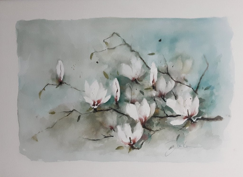 Aquarel met magnolia's, Ophalen, 50 – 75, Zo goed als nieuw, Schilderij