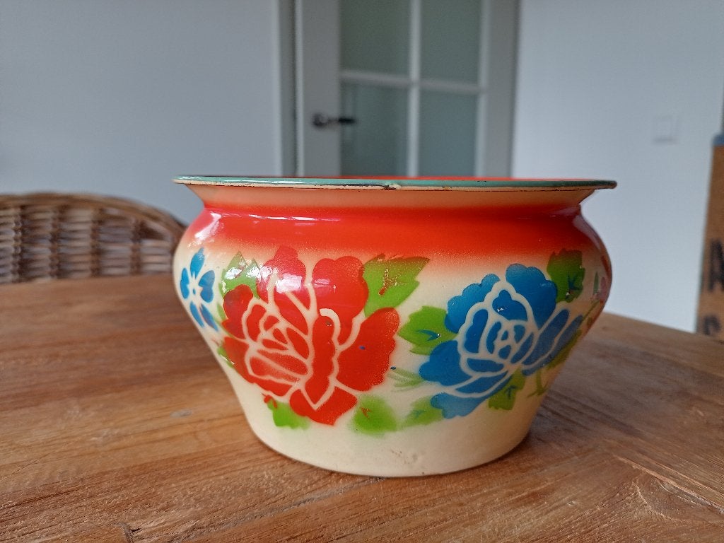 emaille kwispedoor kom met bloemen, Ophalen of Verzenden