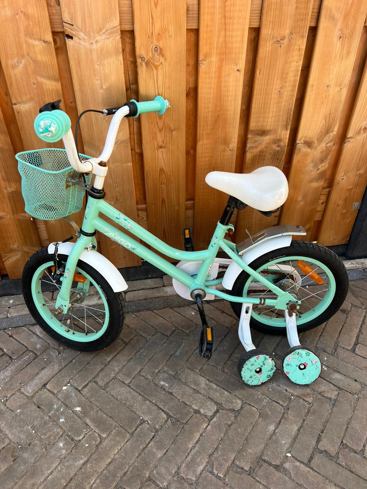 AMIGO 12 inch kinderfiets mintgroen + zijwieltjes, Ophalen, Terugtraprem, Zijwieltjes, Gebruikt