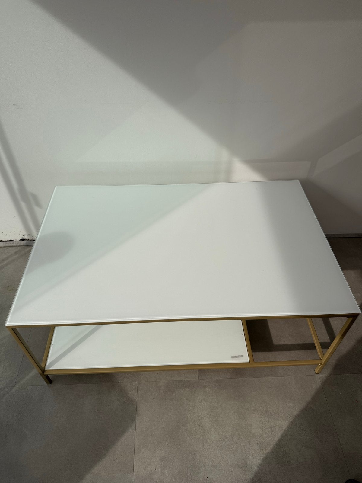 Glazen wit gouden salontafel, Huis en Inrichting, Tafels | Salontafels, Ophalen, Gebruikt, 100 tot 150 cm, 50 tot 100 cm