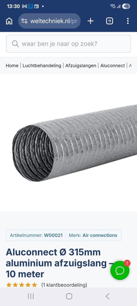 flex pijp alufolieslang 10 meter, Ophalen of Verzenden