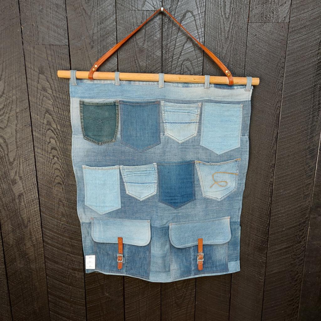 Handgemaakt wandkleed jeansstof met zakjes 120x100cm, Ophalen of Verzenden