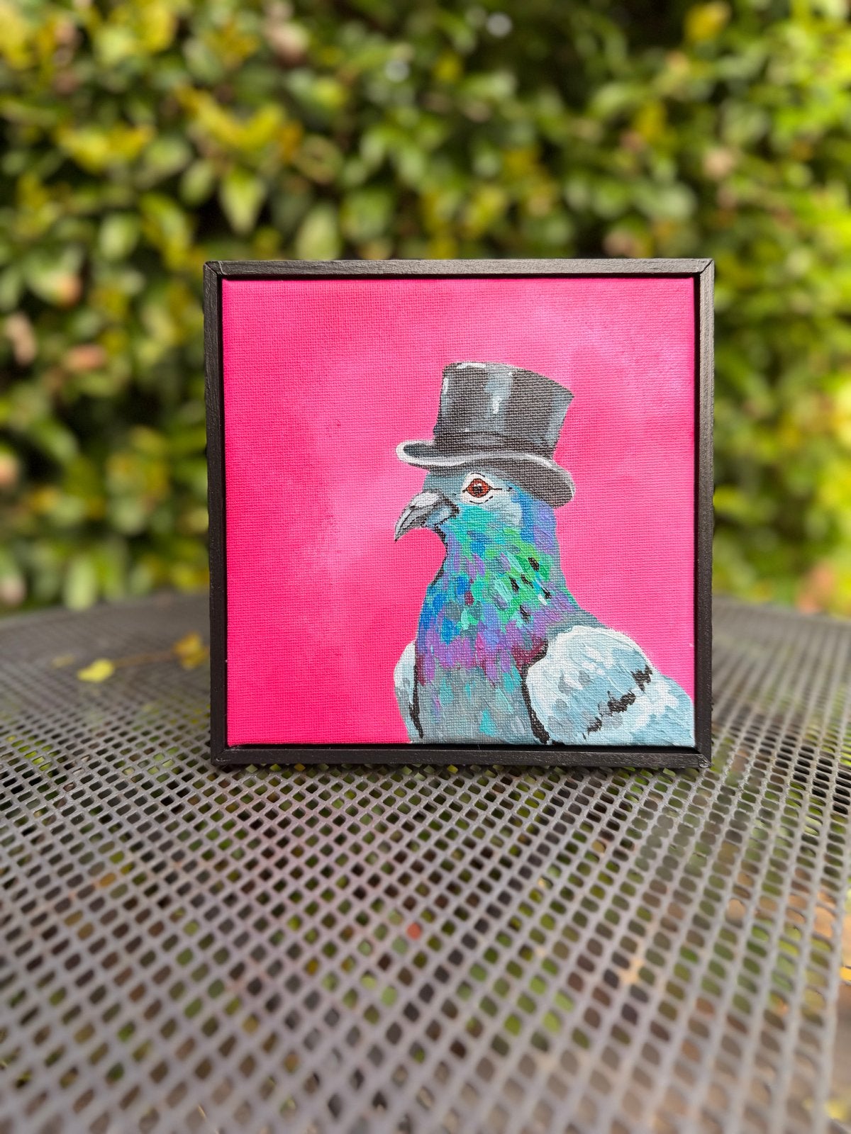 Zelfgeschilderde duif acryl op canvas 15x15cm met lijst, Acrylverf, Handgeschilderd, Ophalen of Verzenden, Dieren