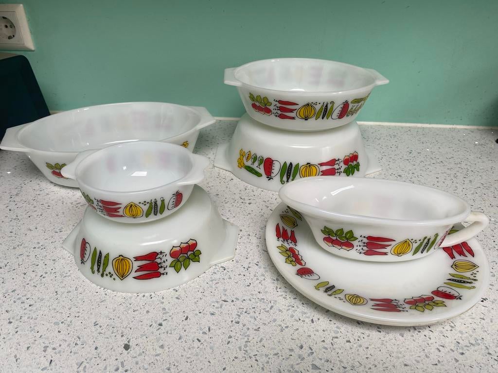 Vintage JAJ Pyrex Harvest servies set uit 1961, Ophalen of Verzenden, Overige stijlen, Glas, Schaal of Schalen