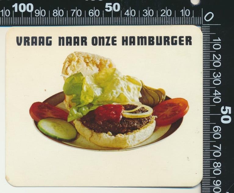 Sticker: Vraag naar onze hamburger, Ophalen of Verzenden, Zo goed als nieuw, Bedrijf of Vereniging