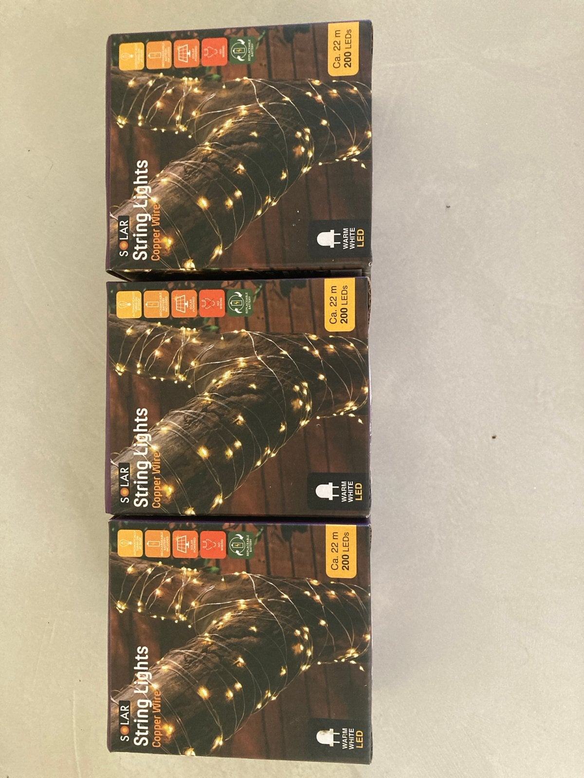 3x Solar LED Lichtsnoer 22m 200 LEDs Warm Wit, Ophalen, Minder dan 50 watt, Overige typen, Nieuw