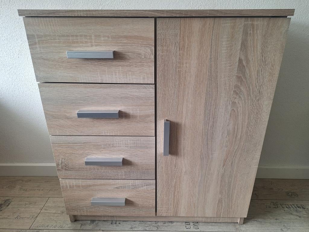 Kast met 4 laden en deurtje - Houtlook, Ophalen, Gebruikt, 100 tot 150 cm, 50 tot 100 cm
