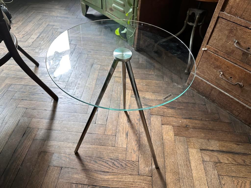 Design bijzettafel glas chroom, Minder dan 55 cm, Rond, Ophalen, 45 tot 60 cm
