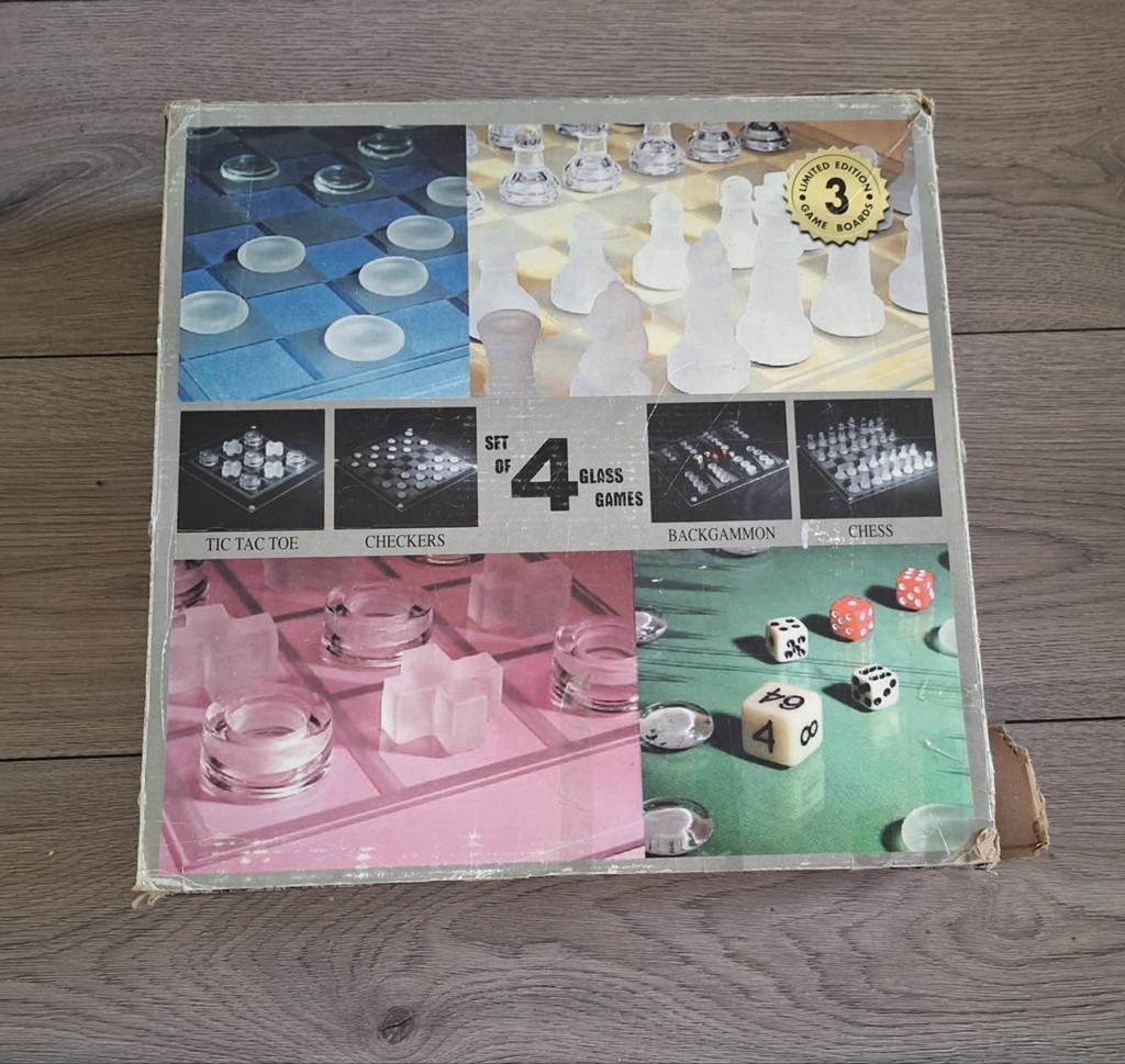 Limited edition vintage glazen schaakspel 4-in-1 compleet, Ophalen of Verzenden, Zo goed als nieuw