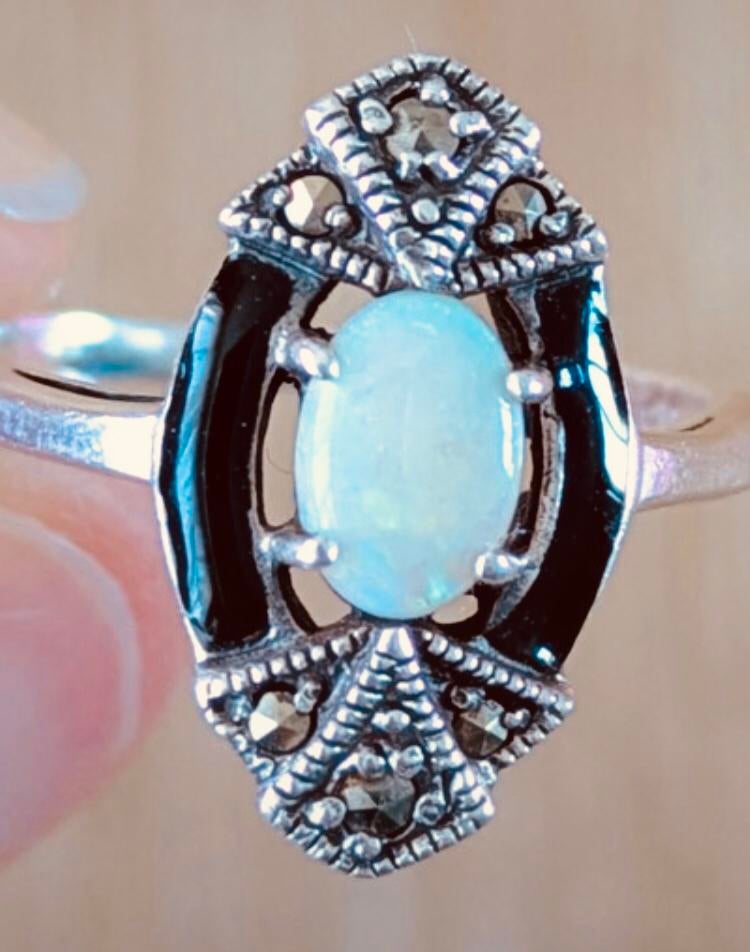 Antiek Opaal Ring Art Deco Elegant Markasiet Emaille Zilver, Ophalen of Verzenden, Zilver, Ring, Met edelsteen