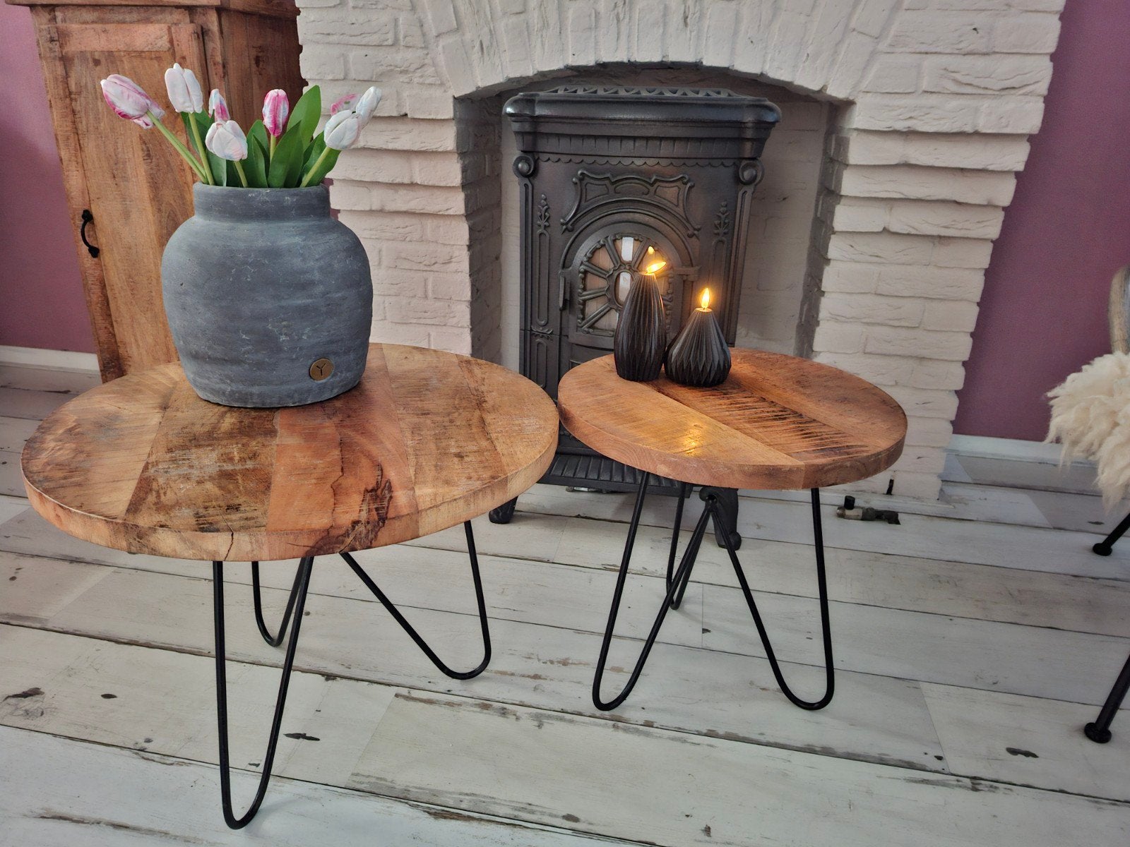 stoere salontafeltjes, Huis en Inrichting, Tafels | Salontafels, 50 tot 100 cm, Rond, 50 tot 100 cm, Zo goed als nieuw