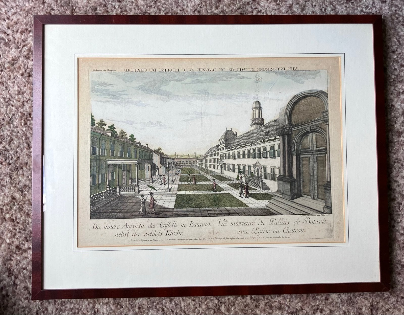Antieke handgekleurde gravure 'Paleis van Batavia' (18e eeuw, Antiek en Kunst, Ophalen, Handgekleurd, Stadsgezicht, Gravure