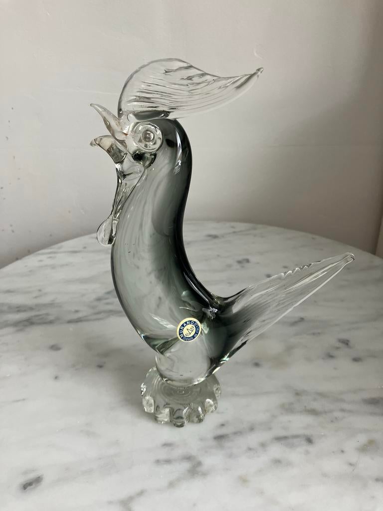 Vintage Murano Glazen Haan - Grijs/Transparant, Ophalen of Verzenden