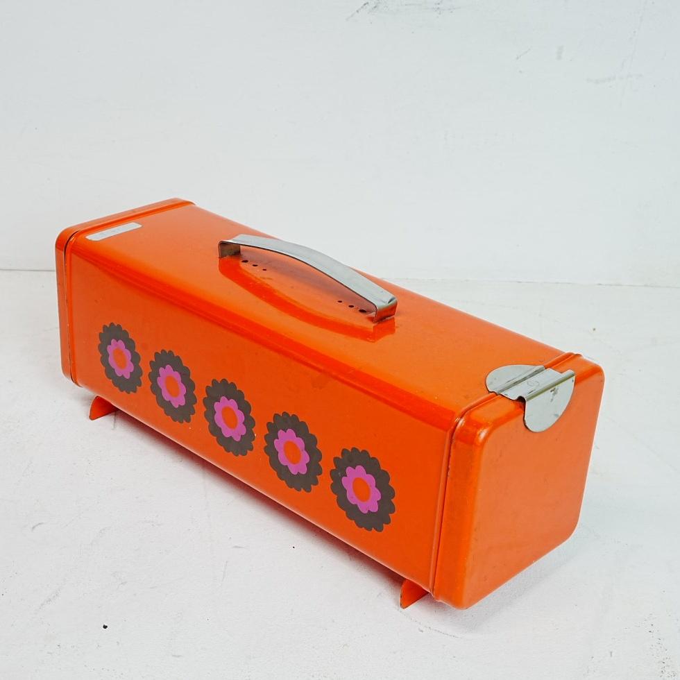 Vintage Brabantia oranje metalen ontbijtkoektrommel., Overige typen, Ophalen of Verzenden, Zo goed als nieuw, Metaal