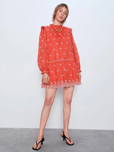 Zara jurk dress geborduurd S nieuw kort details cut outs, Nieuw, Oranje, Ophalen of Verzenden, Maat 36 (S)