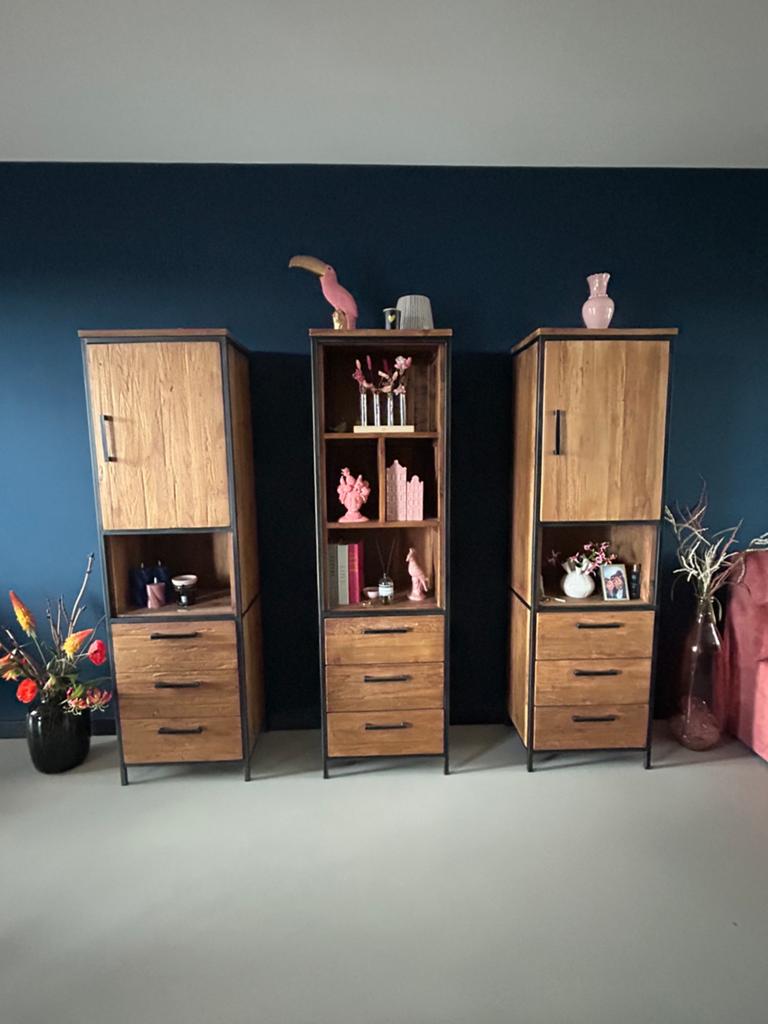 3 Teakhouten Kasten met Zwart Stalen Frame, Ophalen, Minder dan 75 cm, 50 tot 70 cm, 105 cm of meer