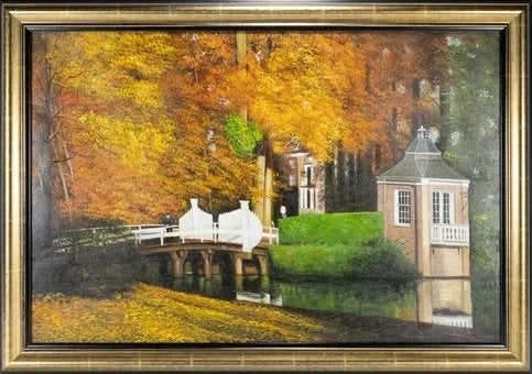Zeist Slot te Zeist de theetuin in de herfst schilderij., Handgeschilderd, Ophalen of Verzenden, Olieverf, Hout