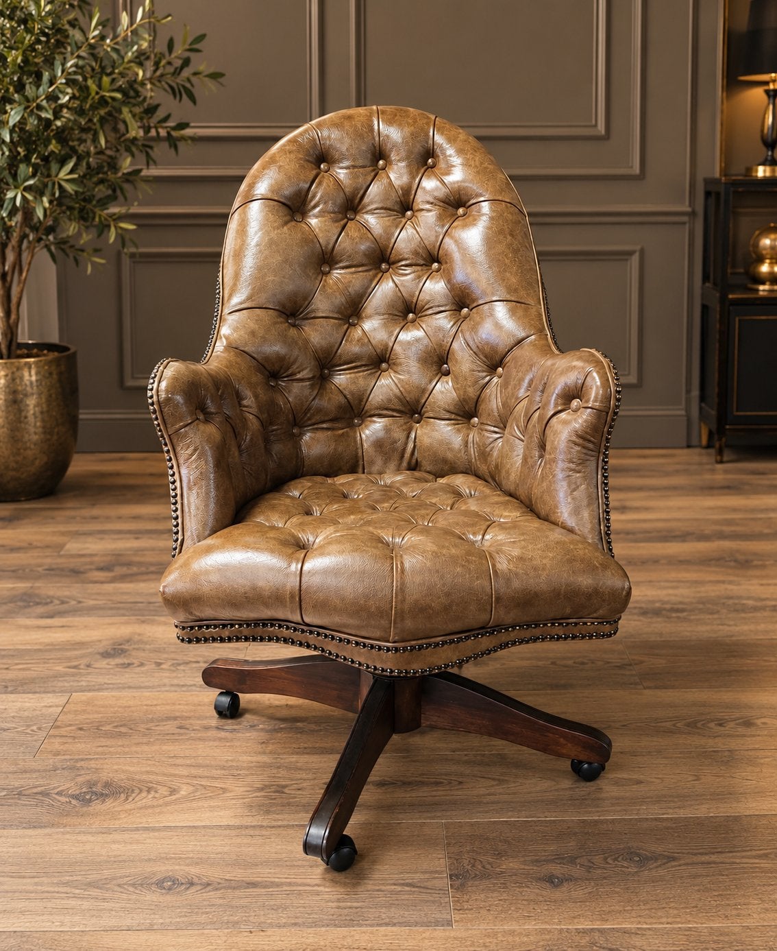Luxe Chesterfield Lederen Director Bureau Stoel !!!, Ophalen of Verzenden, Zo goed als nieuw, Bruin