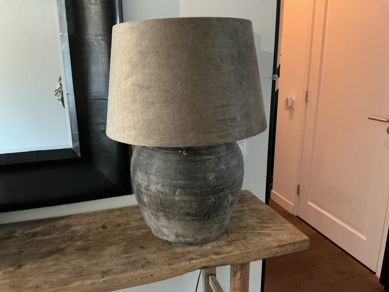 Grote oude kruiklamp met een bronzen kap, Ophalen of Verzenden, Zo goed als nieuw, Rond
