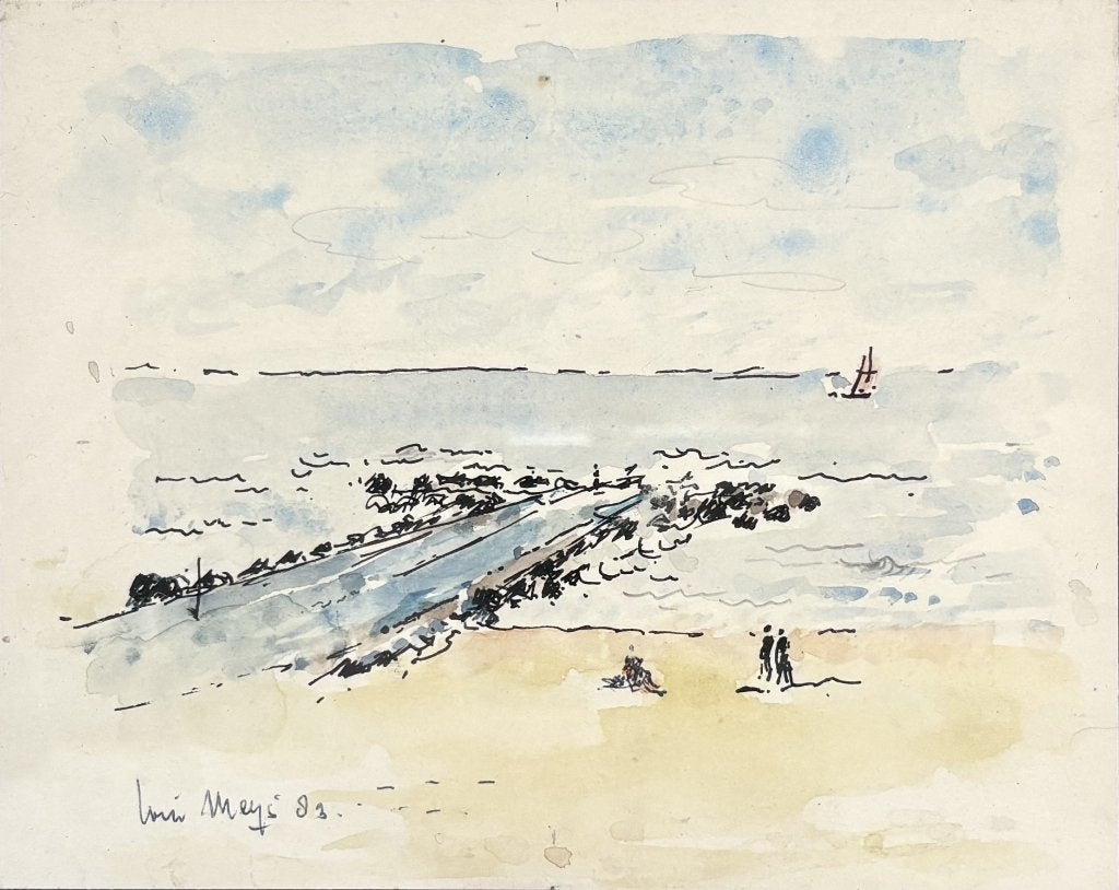 47. Aquarel, Louis Meys - strand van Scheveningen, Ophalen of Verzenden