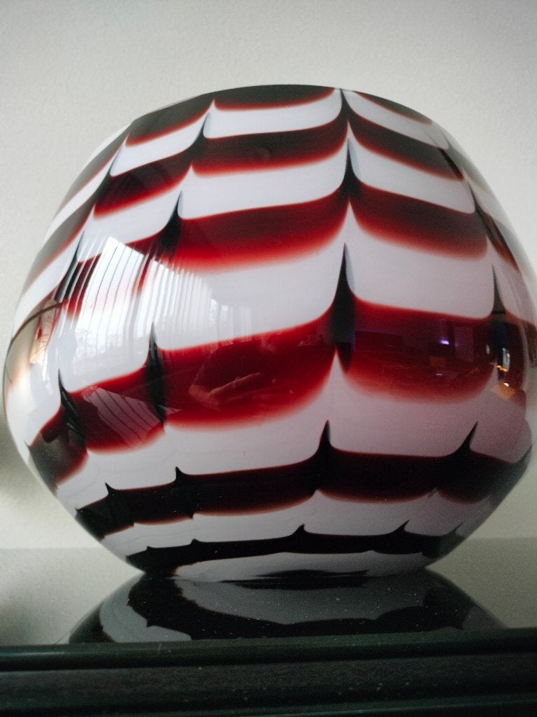 Murano Glas Vaas Schaal Zebra Bordeaux Rood Wit, Ophalen of Verzenden