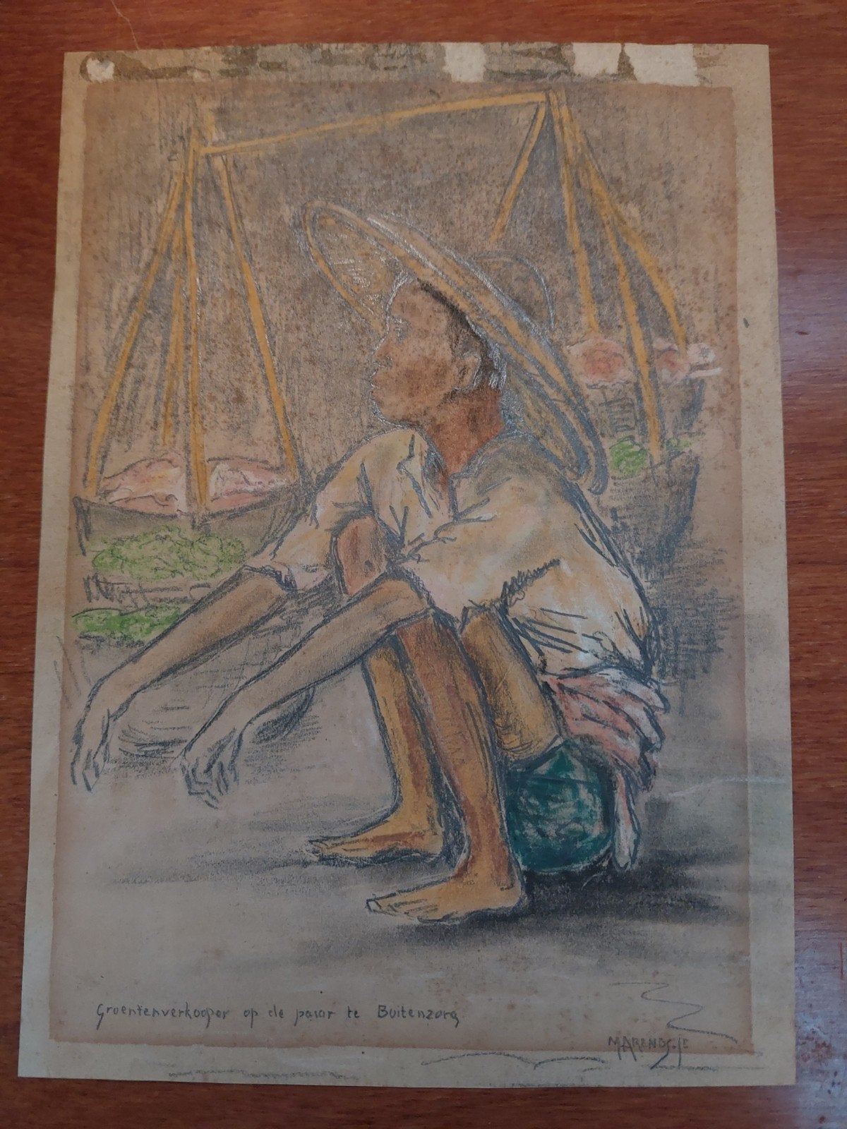 Groenteverkoper op de pasar te Buitenzorg - Marandje, Ophalen of Verzenden, Tekening, Gemengde techniek, Gesigneerd
