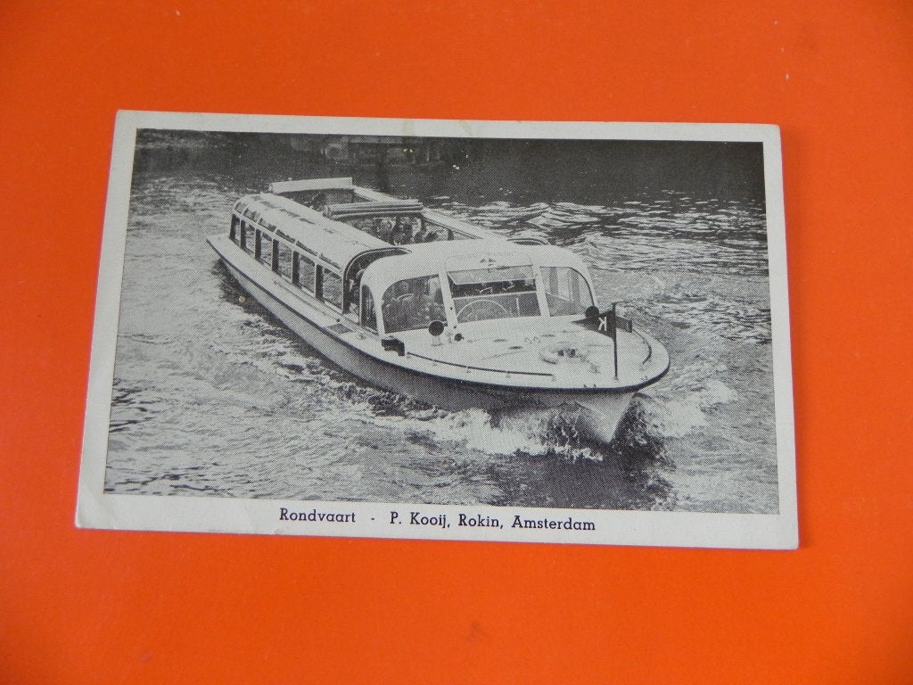 Reclamekaart rondvaartboot bedrijf P. Kooij Amsterdam., Ophalen of Verzenden, 1960 tot 1980, Ongelopen, Noord-Holland