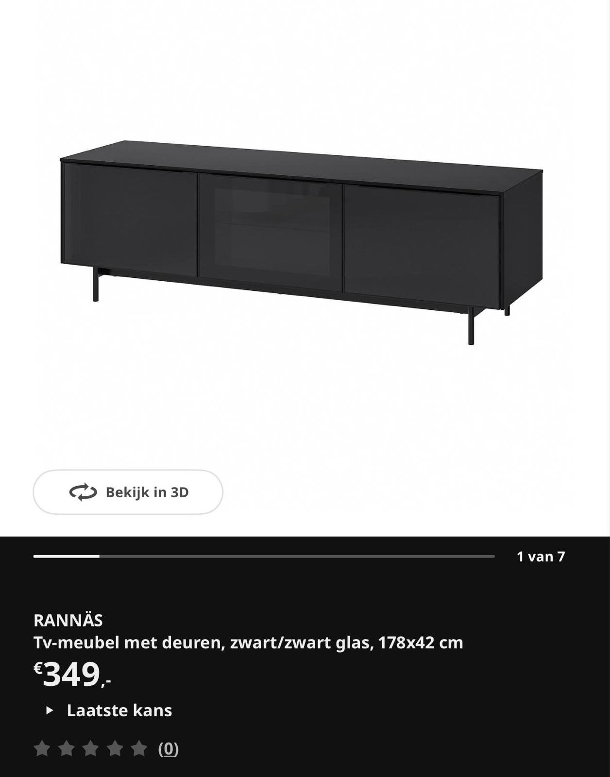 IKEA RANNÄS TV-meubel met deuren, zwart/zwart glas, 150 tot 200 cm, Ophalen of Verzenden, Minder dan 100 cm, 25 tot 50 cm