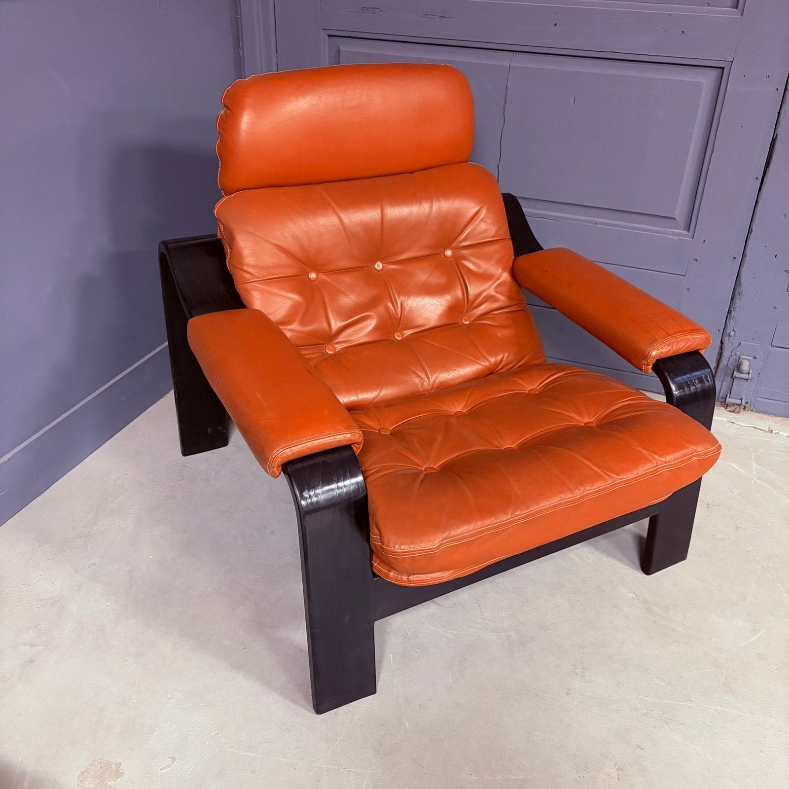 Vintage Scandinavische fauteuil met voetenbank jaren ‘70, Ophalen, Gebruikt, Vintage, Scandinavisch, jaren '70, 50 tot 75 cm