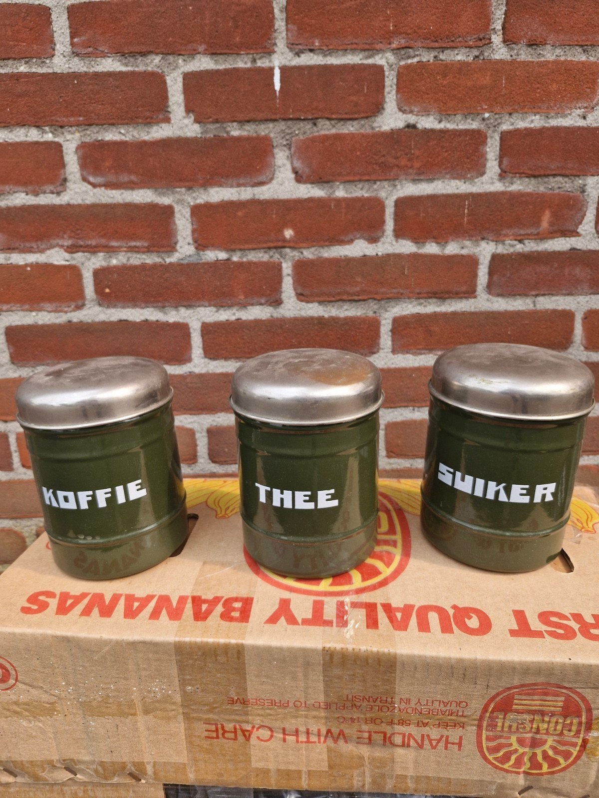 Gave groene emaille koffie thee en suiker blikken, Ophalen of Verzenden