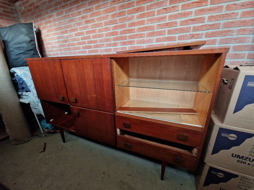Let op! Retro wandmeubel (Jaren 50) van Duits fabricaat, Ophalen, Gebruikt, Glas, Minder dan 100 cm
