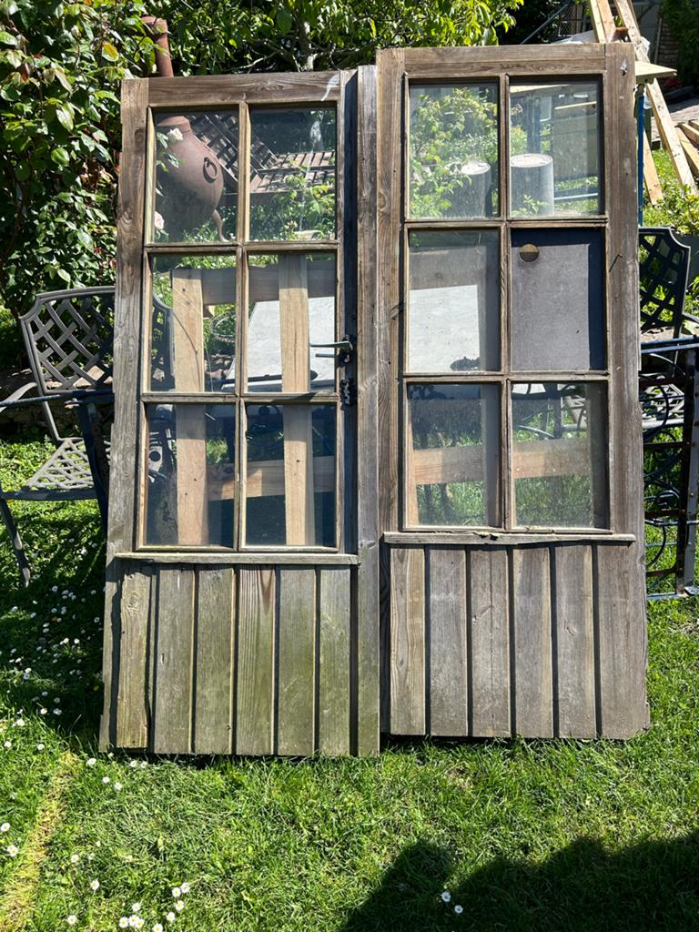 Rustieke Tuinhuis Deuren - Hout met Glaspanelen, Gebruikt, Buitendeur, 200 tot 215 cm, Hout
