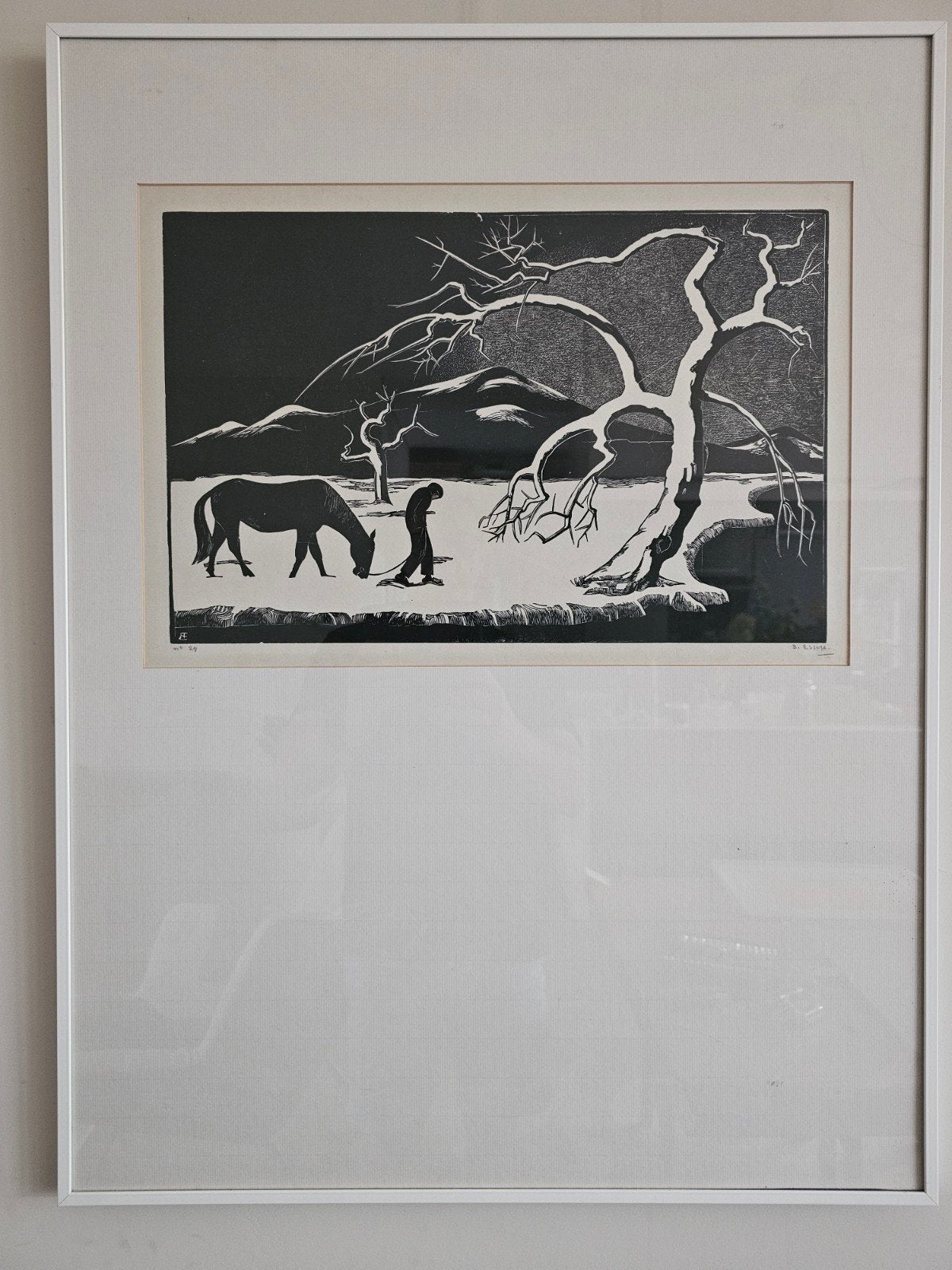 Bernard Essers - Winter (1927), Ingelijst, Ophalen of Verzenden, Houtsnede, Landschap