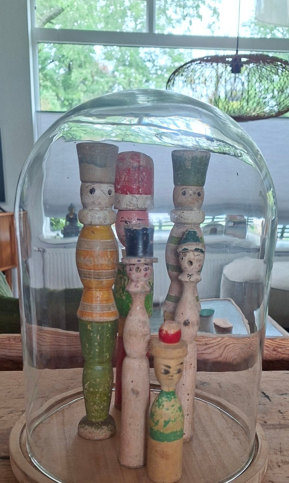 Antieke houten kegelset onder glazen stolp, Antiek en Kunst, Ophalen of Verzenden