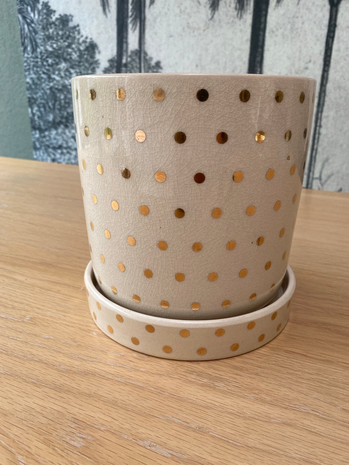 HEMA Bloempot Wit Keramiek met Gouden Stippen en Schotel, Gebruikt, Rond, Binnen, Ophalen of Verzenden