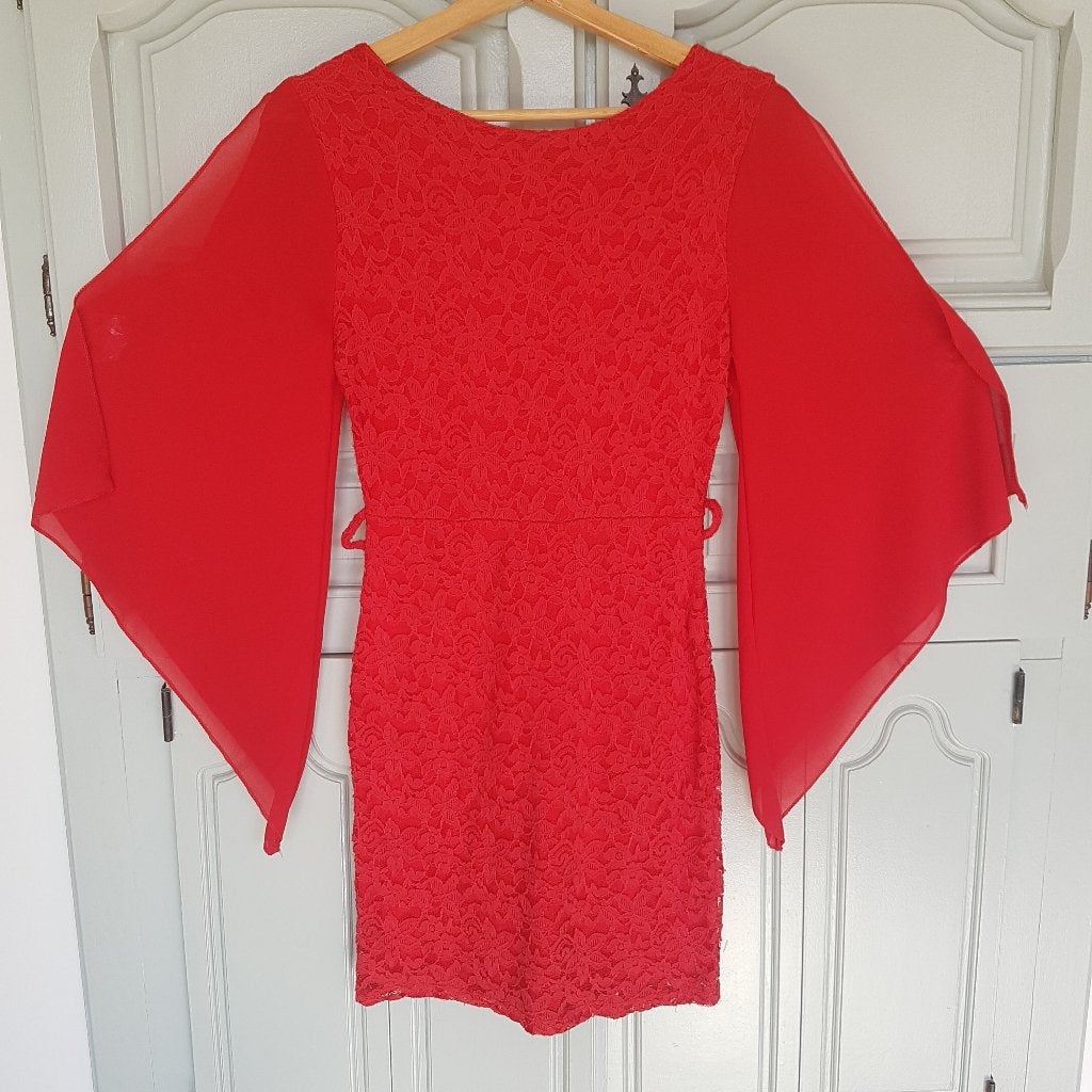 Rode jurk met wijde mouwen, maat 36, stretch stof, Nieuw, Ophalen of Verzenden, Maat 36 (S), Boven de knie