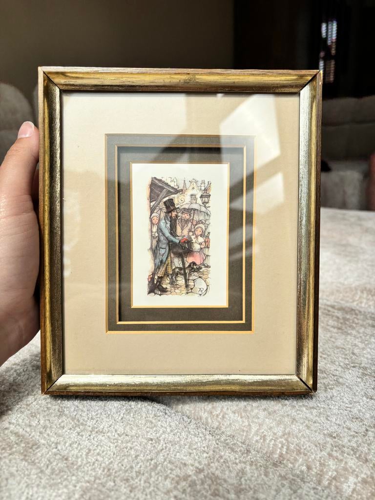 Ingelijste vintage prent: straatscène met figuren, Ophalen of Verzenden, Gebruikt, Hout