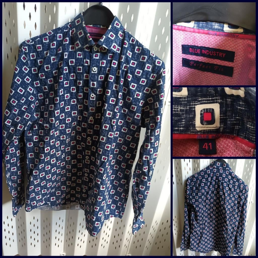 Blue Industry herenoverhemd met print, maat 41, Blue Industry, Blauw, Ophalen of Verzenden, Zo goed als nieuw