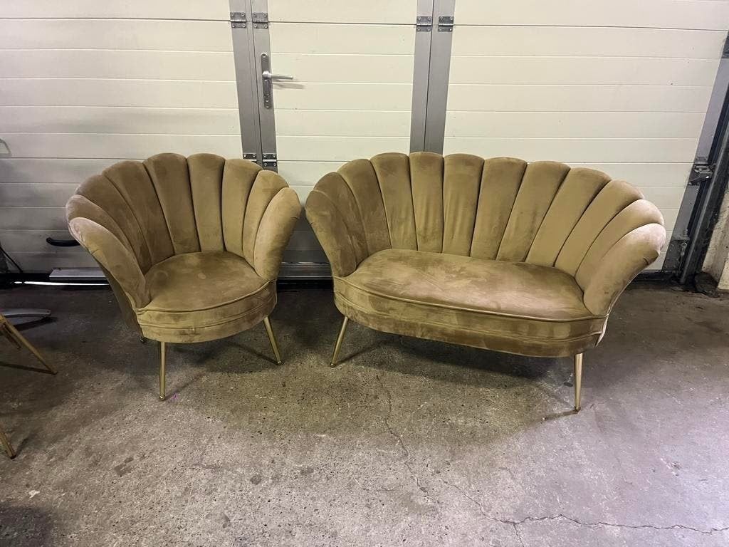 Luxe velvet Schelpen fautueils Richmond goud, Ophalen, Minder dan 50 cm, 75 tot 100 cm, Zo goed als nieuw
