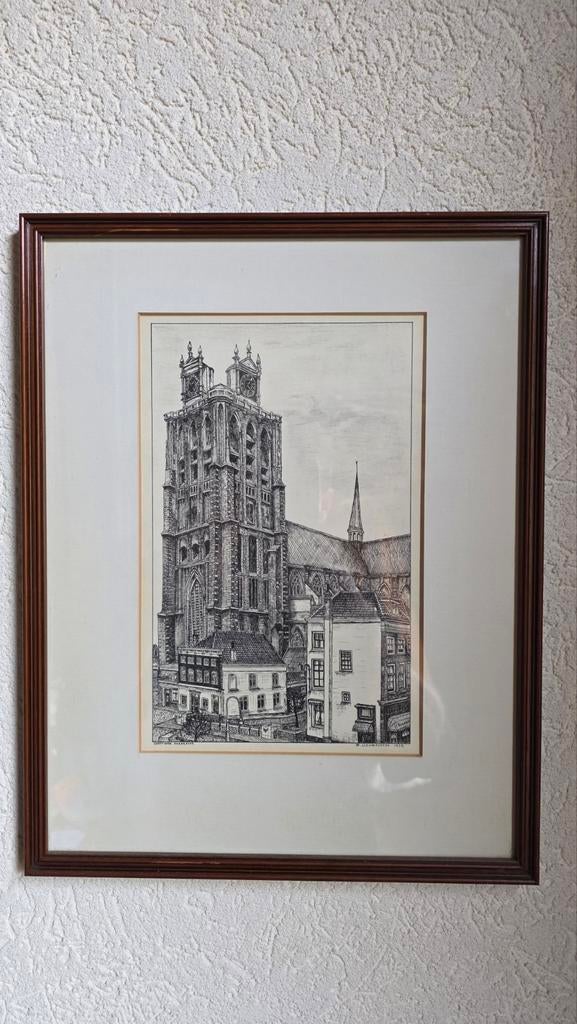Gedetailleerde ets van een kathedraal, ingelijst, Antiek en Kunst, Ophalen of Verzenden