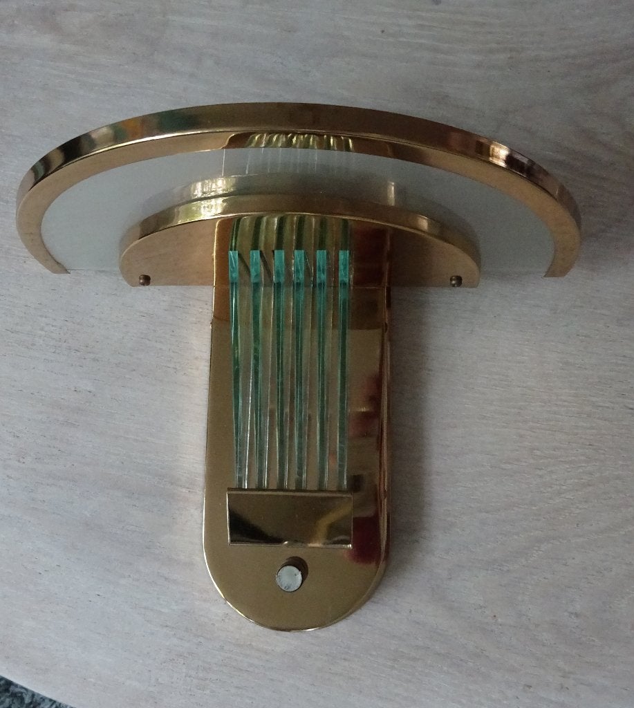 Hollywood Regency lamp, messing gehard glas, Ophalen, Glas, Gebruikt, Met schakelaar